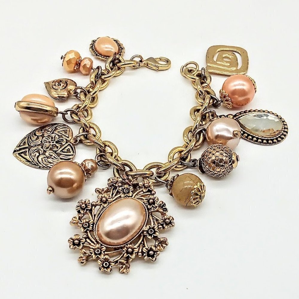 Gold Finish Faux Pearl Crystal Charm Link Bracelet